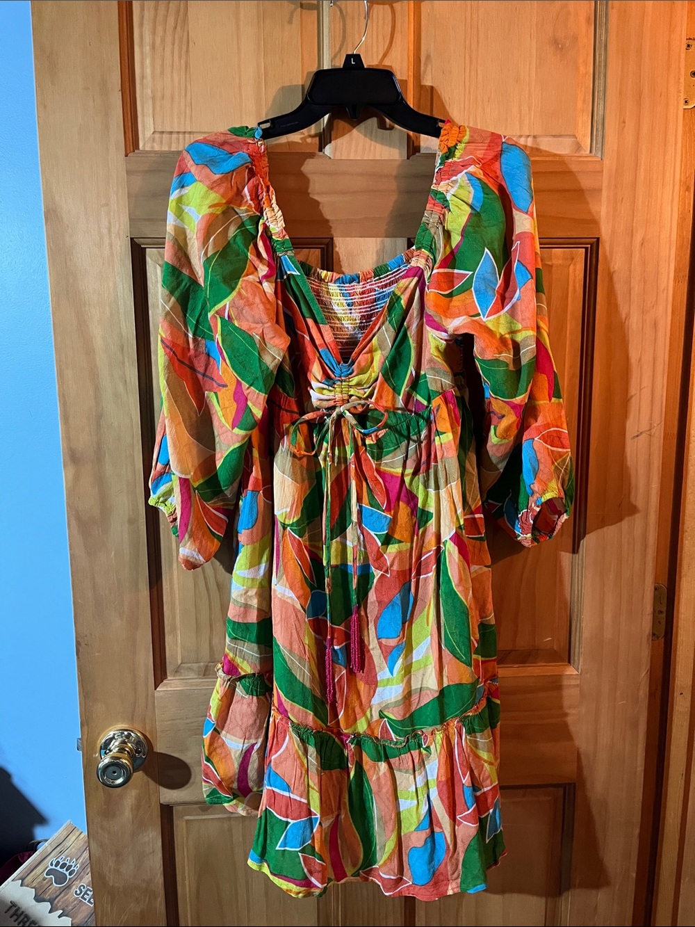 Multicolor Leaf-Print Peasant Dress